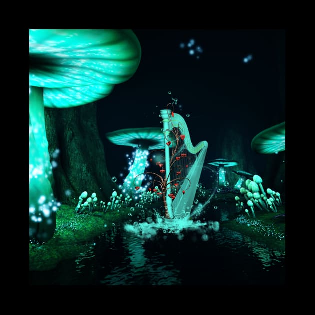 Wonderful harp  in a mushroom forest with tree with hearts by Nicky2342