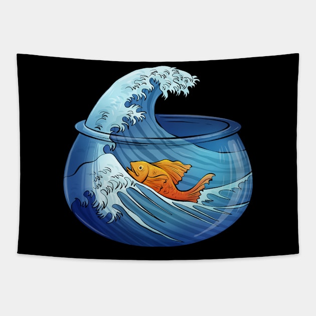 Great Wave of Fishbowl Tapestry by salihgonenli