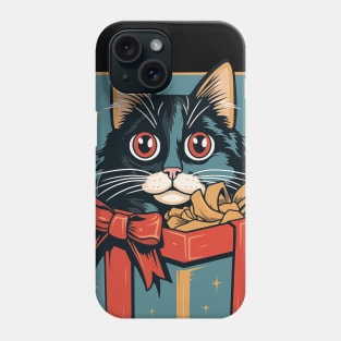 Vintage charm - adorable kitten peeking out of a holiday gift box, nostalgic design illustration for Christmas fun. Phone Case