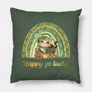 Retro st patrick green rainbow - Happy go lucky cat Pillow