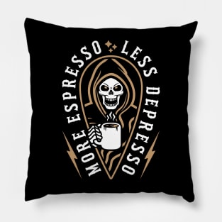 More Espresso Less Depresso Grim Reaper Coffee Brown Pillow