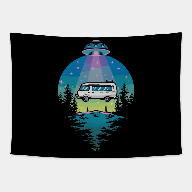 Funny UFO Abduction Camper And Flying Saucer Retro Design Tapestry by TF Brands