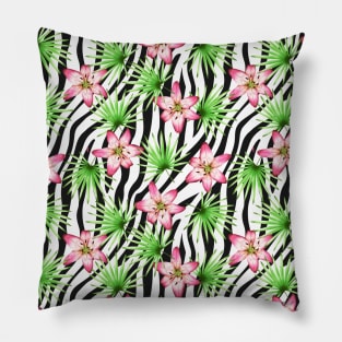 Pink Lilies and Palm Leaves on Zebra Striped Background Pillow