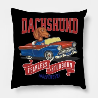 Funny Dachshund doxie  driving a retro vintage classic car  with red white and blue flags Pillow