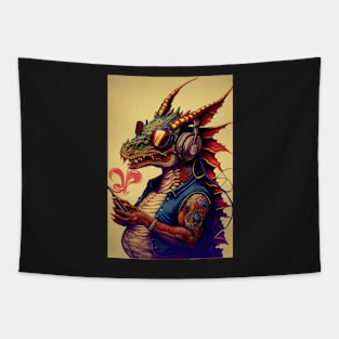 Chubby Dragon with sunglasses, tattoos, and headphones Tapestry