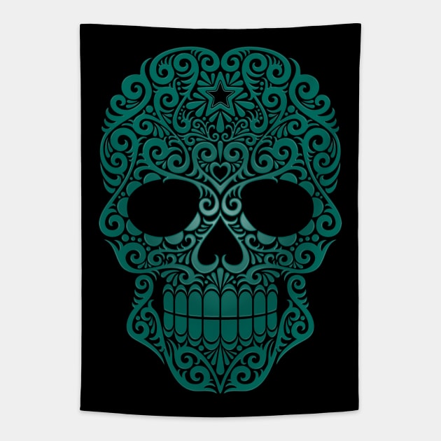 Teal Blue Swirling Sugar Skull Tapestry by jeffbartels