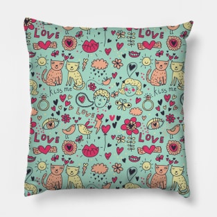 Cat & Love Pattern Pillow