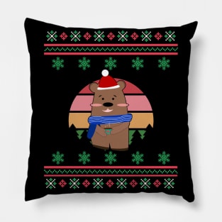 Santa Bear Faux Ugly Christmas Sweater Funny Holiday Design Pillow