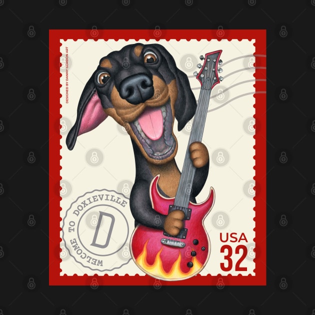 Cute Doxie playing guitar on vintage postage stamp by Danny Gordon Art