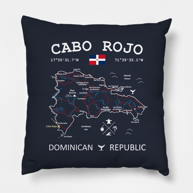 Cabo Rojo Dominican Republic Flag Travel Map Coordinates Roads Rivers and Oceans Pillow by French Salsa