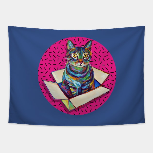 Hot Pink 80s' Psychedelic Party Cat Tapestry by RobertPhelpsArt