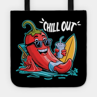 "Chill Out" Fun Cartoon Illustration of a Relaxed Red Chili Pepper Lounging with a Drink and Surfboard Tote