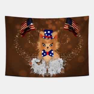 Cute kitten with flag and american flag Tapestry