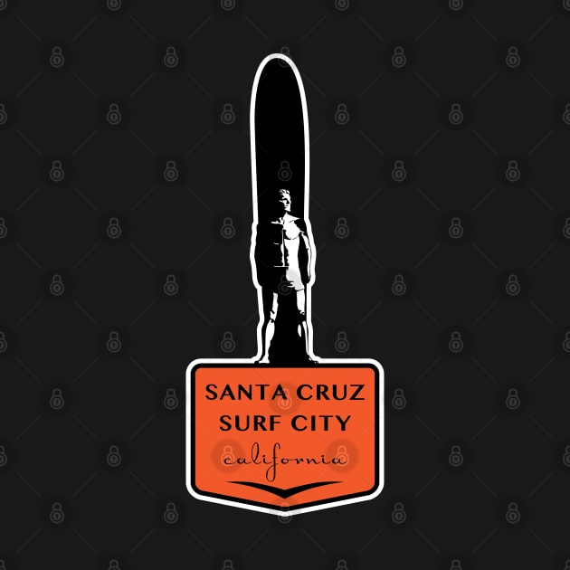 Surf City Santa Cruz California Surfer Statue Bill Lidderdale Sticker Orange by PauHanaDesign