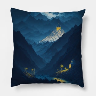 A landscape in the mountain with an islamic shrine by night - Iran Pillow