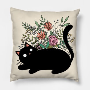 Cute Cat With Flowers | Handmade Illustration | Kawaii Gift | By Atelier Serakara Pillow