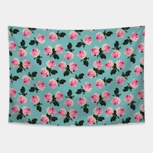 Scattered pink vintage roses on turquoise Tapestry