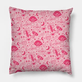 Cottagecore Mushroom Moon Pink Pattern Pillow