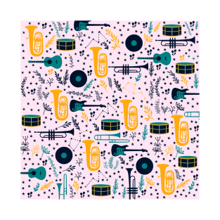 Cute Music Instruments Pattern with trumpets, guitars and drums T-Shirt