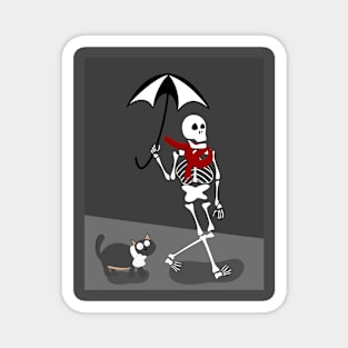 Cute Skeleton In Red Scarf Walking With Black Cat Magnet