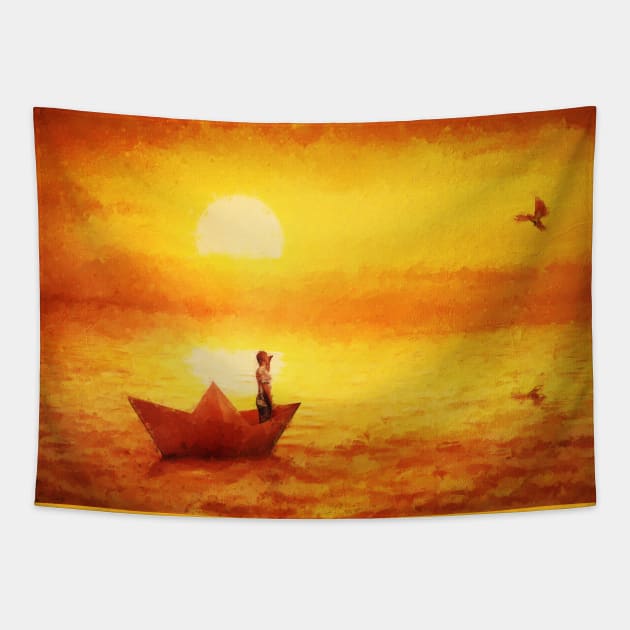 paper boat sailing adventure Tapestry by psychoshadow