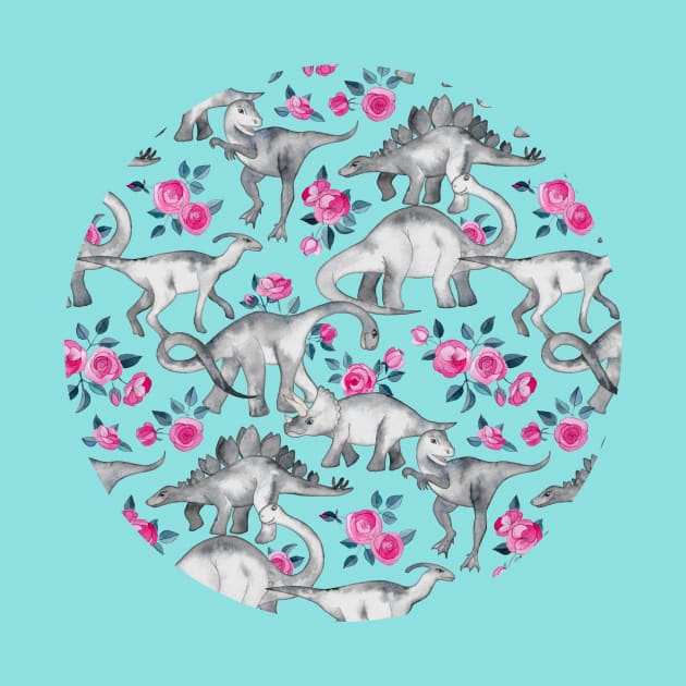 Dinosaurs and Roses – turquoise blue by micklyn