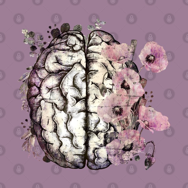 Brain with Pink poppy, psychology, mental health, front brain, vintage watercolor by Collagedream