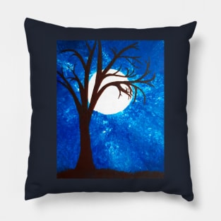 A moonlit blue nightsky in winter bare tree spooky eerie Pillow