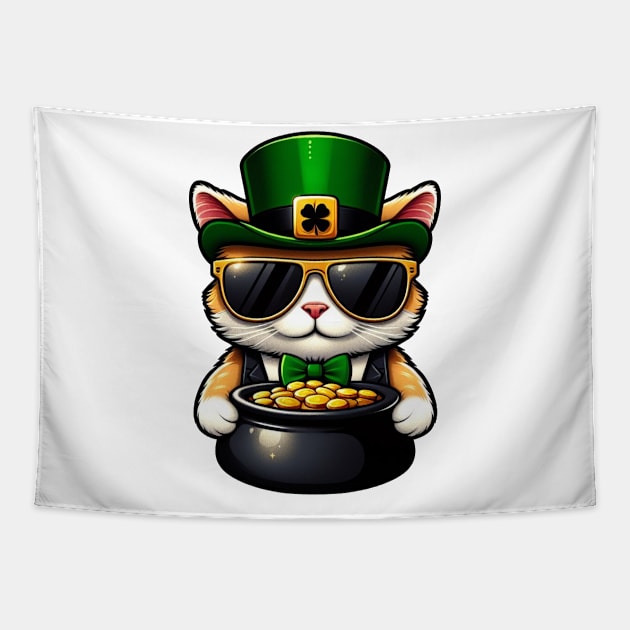 Cat Leprechaun With Pot of Gold - Saint Patrick Tapestry by Vector-Artist