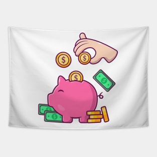 Hands put coins in a piggy bank cartoon Tapestry