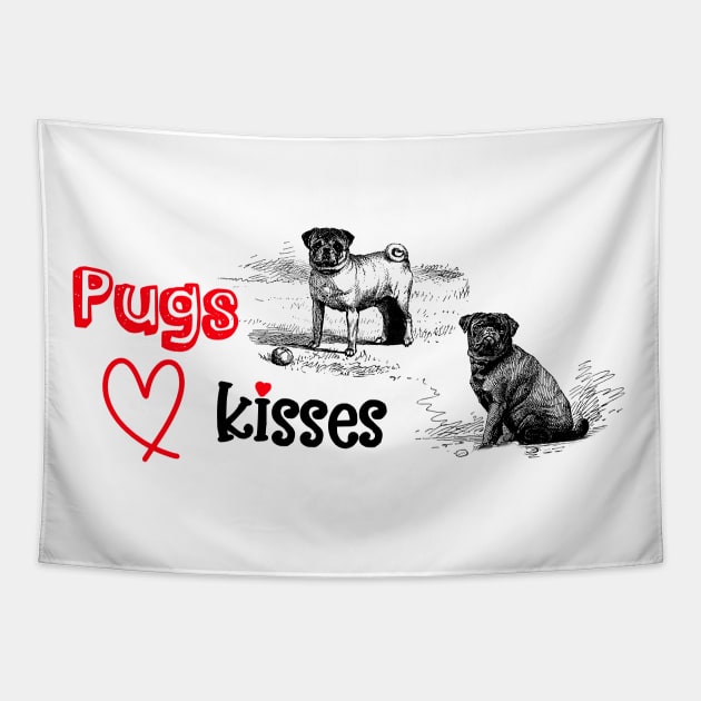 Pugs and Kisses Funny Valentine with Dogs Illustration Tapestry by Biophilia