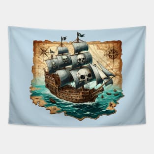 Pirate Ship, Sailing On A Treasure Map Tapestry