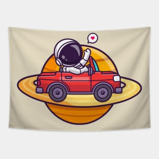 Cute Astronaut Driving Car On Saturn Planet Cartoon Tapestry