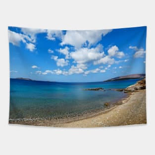 The wonderful beach at Agios Kyprianos in Andros, Greece Tapestry