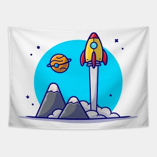 Space Shuttle Taking Off with Planet and Mountain Space Cartoon Vector Icon Illustration Tapestry