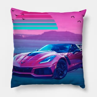 Car Retro Mountain Synthwave Pillow