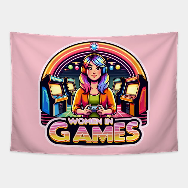 Retro Gaming Women in Games - Arcade Dreamer Gamer Girl Tapestry by PuckDesign