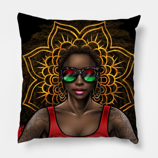 Black Beauty With Afro Love Yoga and Pan African Flag Pillow by Winya