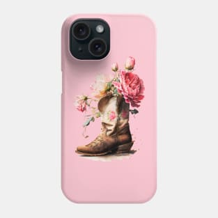 Pink Peonies Brown Cowgirl Boot Phone Case