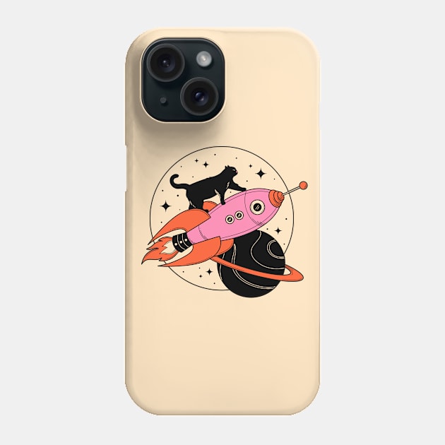 Space Walker Black Cat in beige Phone Case by The Charcoal Cat Co.