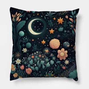 Celestial Bohemian Flowers Aesthetic Design Stars Moon Floral Cosmic Pattern Pillow