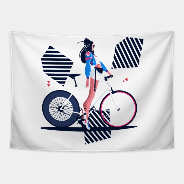 Girl on a bike Tapestry by The Graphic Idea