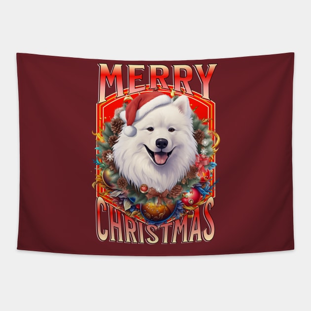 Merry Christmas cute Samoyed dog in Santa hat Tapestry by HSH-Designing