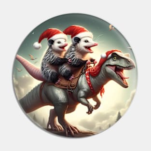 Two Santa opossums on an adventurous dinosaur trex ride Pin