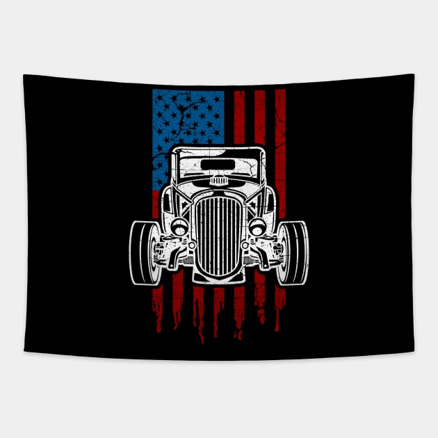 Vintage Hot Rod American Flag Classic Car Tapestry by RadStar