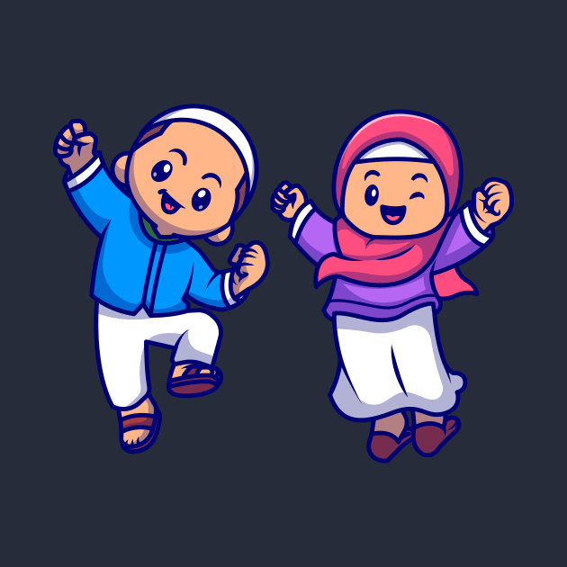 Cute Girl And Boy Moslem Celebrating Ied Mubarak Cartoon by Catalyst Labs