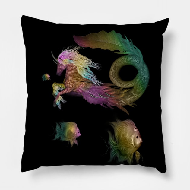 Wonderful seahorse and fantasy fish in the deep ocean Pillow by Nicky2342