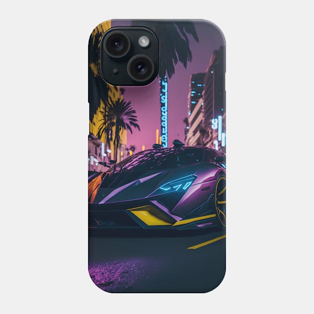 Dark Neon Sports Car in Beach Neon City Phone Case by star trek fanart and more