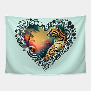 Exotic Ocelot in fantasy jungle, black lace heart Tapestry