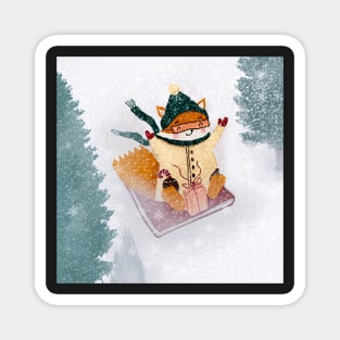 Happy Fox Sliding In The Snow Magnet